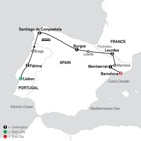 Tour Map for Cosmos Fatima, Lourdes, and the Shrines of Spain Tour